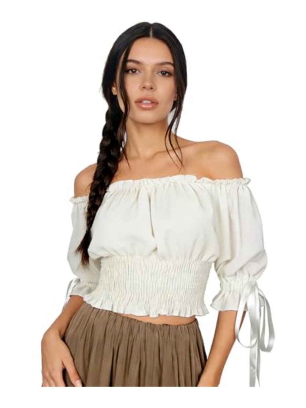 Off Shoulder Ruffle Blouse Smocked Waist Puff Sleeve Bow Tie Ren Faire Top